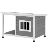 PawHut Casa para Perros de Madera 85,5x62x60 cm con Techo Asfáltico Abatible Puerta y Ventana para Perros Pequeños Gris(m-10)