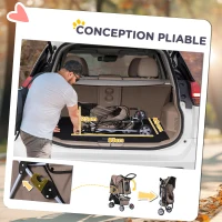 PawHut Poussette buggy pliable animaux, chariot pliant chien chat, porte-gobelet panier de rangement inclus, roues avec frein, tissu 600D Oxford acier, 75 x 45 x 97 cm marron(m-5)