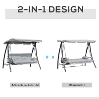 Outsunny Hollywoodschaukel Gartenschaukel Schaukel Schaukelbank mit Liege-Funktion, 3 Sitzer, Metall+Polyester, Grau, 209 x 114 x 170 cm(m-4)