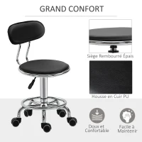 HOMCOM Tabouret à roulettes tabouret de massage pivotant 360° - ergonomique avec dossier - hauteur assise réglable 43,5-59 cm - revêtement synthétique noir et métal chromé(m-6)