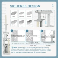 PawHut Deckenhoher Kratzbaum, variable Höhe 2,25-2,55 m, 6 Etagen, Sitzplattformen, Kippschutz, hellgrau(m-8)