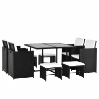 Outsunny Conjunto de Muebles de Jardín Comedor 9 Piezas de Ratán Apilables con Cojines para Terraza 1 Mesa 4 Sillas y 4 Taburetes de Exterior Elegante Negro(m-1)