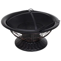 Outsunny Metal Large Firepit Bowl Outdoor Round Fire Pit Brazier w/ Lid, Log Grate, Poker, Elegant Scrolls for Backyard, Camping, Bonfire, Wood Burning Stove, 76 x 76 x 50cm, Black(m-1)