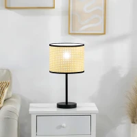 HOMCOM Tischleuchte im Vintage-Design, Lampenschirm aus Rattan, 25 cm x 25 cm x 47 cm, Natur + Schwarz(m-7)