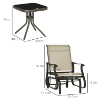 Outsunny Set of 3 Gliding Chair & Tea Table Set, Outdoor Rocker Set with 2 Armchairs, Tempered Glass Tabletop, Khaki(m-3)