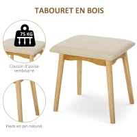 HOMCOM Coiffeuse Design scandinave Table de Maquillage avec Miroir, 2 tiroirs et Tabouret Blanc pin Clair(m-7)
