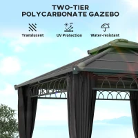 Outsunny 3 x 3 (m) Outdoor Polycarbonate Gazebo, Double Roof Hard Top Gazebo with Galvanised Steel Frame, Nettings & Curtains for Garden, Lawn, Patio and Deck, Dark Grey(m-4)