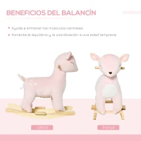 HOMCOM Caballito Balancín Forma de Ciervo para Niños de +3 Años Balancín Mecedora de Felpa con Sonidos y Base de Madera 68x35,5x64 cm Rosa(m-5)