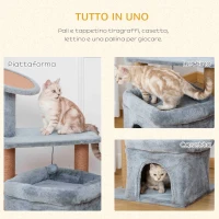 PawHut Tiragraffi per Gatti con Pali in Juta, Casetta e Cuscino, Rivestimento Peluche, Altezza 84cm, Grigio(m-5)