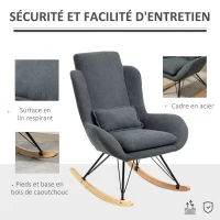 HOMCOM Fauteuil à Bascule Oreilles Rocking Chair Grand Confort accoudoirs Assise Dossier garnissage Mousse Haute densité Lin Gris(m-6)