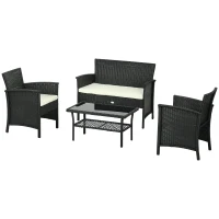 Outsunny Salotto da Esterno Rattan PE con Divano 2 Posti, 2 Poltrone con Cuscini e Tavolino in Vetro, Nero(m-10)