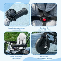HOMCOM Tricycle Enfant évolutif Pare-Soleil Pliable Canne télescopique Amovible 95 x 50 x 106 cm Acier Gris Noir(m-4)