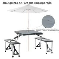 Outsunny Mesa Maleta de Camping Plegable Portátil 4 Asientos y Agujero Sombrilla Estructura Aluminio Playa Picnic 136x84,5x66 cm (Gris)(m-4)