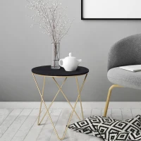 HOMCOM Round Coffee Table, Sofa End Table with Metal Crossed Legs, Modern Living Room Table - Black, Gold Tone (Φ43cm)(m-2)