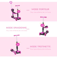 HOMCOM 5 en 1 Trottinette pour Enfants Trottinette 3 Roues évolutive Hauteur Guidon réglable charge max. 60 Kg Canne télescopique Selle Dossier Amovible Rose(m-5)