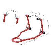 HOMCOM Caballete de Moto Soporte Posterior Universal Portátil y Móvil Tipo Elevador de Acero con 2 Horquillas y Ruedas 80x50x40 cm Color Rojo(m-3)