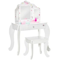 HOMCOM Kids Vanity Table and Chair Set with Tri-Folding Mirror and Stool, Makeup Dressing Table with Drawer, White(m-1)