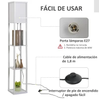HOMCOM Lámpara de Pie con Estantes de Almacenaje, Lámpara de Madera Moderna, Bombilla E27, para Salón, Dormitorio, Oficina, Blanco(m-4)
