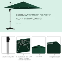 Outsunny Square Cantilever Garden Parasol, with Five-Position Canopy - Green(m-6)