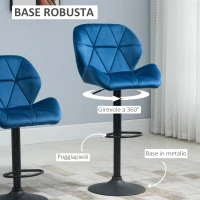 HOMCOM Set 2 Sgabelli da Bar Girevoli con Altezza Regolabile, Rivestimento Velluto e Base Rotonda, 51.5x57.5x93-114.5cm, Blu(m-5)