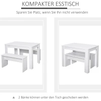 HOMCOM Essgruppe mit 2 Bänken, 3-teilige Esszimmergruppe, Küchentisch, Esszimmergarnitur Sitzgruppe Tischgruppe, Weiß, 110x70x75 cm (Tisch), 86x30x44,8 cm (Bank)(m-4)