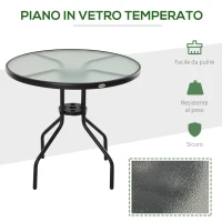 Outsunny Tavolino da Giardino con Piano in Vetro Temperato e Foro per Ombrellone Acciaio Ф80 x 72 cm Nero(m-5)