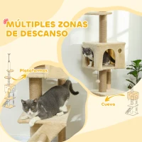 PawHut Árbol para Gatos de Suelo a Techo de 225-255 cm con Altura Ajustable Múltiples Plataformas Escalera Bola Colgante Beige(m-7)