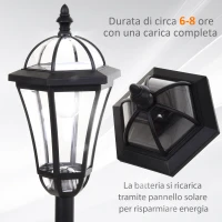 Outsunny Set 2 Lampioni Solari per Giardino con 2 LED e Accensione Automatica, Nero(m-5)