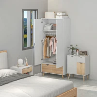 HOMCOM Bedroom Furniture Set, Wardrobe with Hanging Rail, Bedside Table, Floor Cabinet with Storage, Nature Wood Finish and White(m-10)