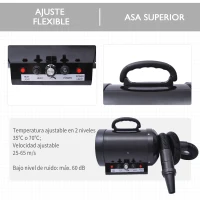 PawHut Secador de Pelo para Perros 2800W Secador para Mascotas con Temperatura y Velocidad del Viento Ajustable 3 Boquillas Tubo Flexible 2,1 m y Asa Portátil 40x16x20 cm Negro(m-4)