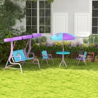Outsunny 4PCs Kids Garden Furniture Set w/ 2 Seater Garden Swing Chair with Adjustable Canopy, Childrens Table and Chair Set with Parasol, for Toddler Girls 3-6 Years Old(m-8)