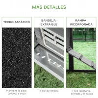 PawHut Gallinero de Madera Exterior Jaula para 2-4 Gallinas con Corral de Alambre Techos Asfálticos Nido Bandeja Extraíble y Rampa 200x80x105 cm Gris(m-7)