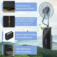 HOMCOM Ventilateur brumisateur silencieux 90 W sur roulettes 3 modes 3 vitesses, télécommande, minuterie, oscillation, noir(m-9)