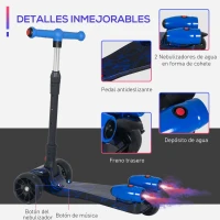 HOMCOM Patinete para Niños Scooter Plegable con Altura Ajustable de 4 Niveles y Música Luces y Nebulizador de Agua +3 Años 62x27x63-81 cm Azul(m-7)