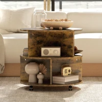 HOMCOM Round Coffee Table with Wheels, 3-Tier Rolling Side Table for Living Room with Divided Shelves, Rustic Brown(m-6)