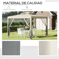 Outsunny Carpa de Jardín 3x3 m Cenador Gazebo con 4 Mosquiteras Laterales Techo Doble 8 Orificios de Drenaje Marco de Metal Beige(m-5)