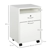 HOMCOM Cajonera de Oficina con Cajón con Cerradura y Armario con Ruedas Soporte de Impresora para Estudio 40x35x60 cm Blanco(m-3)