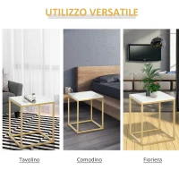 Outsunny Tavolino da Caffè per Casa e Giardino in Metallo con Effetto Marmo, 40x40x50cm, Oro(m-5)