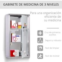HOMCOM Armario de Medicinas Botiquín Gabinete de Primero Auxilios Acero Inox 3 Estantes Caja Colgante de Pared con Cerradura 25x12x48cm(m-6)