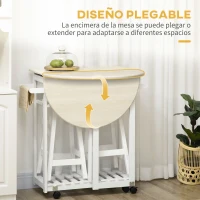 HOMCOM Carrito de Cocina de Madera con 2 Taburetes Mesa con Ruedas Ala Abatible Cajones y Estante 87x74x86 cm Blanco(m-4)