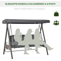 Outsunny Dondolo da Giardino 3 Posti con Tetto Regolabile, Portabicchieri e Cuscini, 208x120x172 cm, Grigio(m-6)