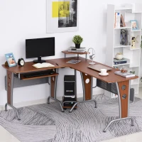 HOMCOM L-Shaped Corner Work Desk Gaming Office w/ Steel Frame CPU Rack Keyboard Tray Space-Saving Melamine Coating Computer Home Workstation Brown(m-10)