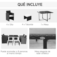 Outsunny Conjunto de Muebles de Jardín Comedor 9 Piezas de Ratán Apilables con Cojines para Terraza 1 Mesa 4 Sillas y 4 Taburetes de Exterior Elegante Negro(m-5)
