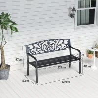 Outsunny Panchina da Giardino in Metallo con Schienale Decorato, 127x60x87cm - Nero(m-3)