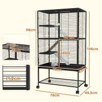 PawHut Jaula para Animales Pequeños de 4 Niveles con Ruedas Rampa Comedero Bebedero y Bandeja Extraíble 78x45,5x136 cm Negro(m-3)