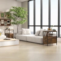 HOMCOM Set of 2 Side Table, Narrow Bedside Table with 2 Drawers and Storage Shelf, Industrial End Table with Metal Frame for Small Spaces, Rustic Brown(m-2)