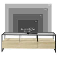 HOMCOM TV-Bank im Industriedesign, 3 Schränke, 3 offene Regale, Glasplatte, Natur + Schwarz(m-5)