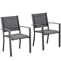 Outsunny Garden Chairs Set Of 2 Outdoor Chairs with Steel Frame Texteline Seats for Dining Patio Balcony Dark Grey and Black(m-1)