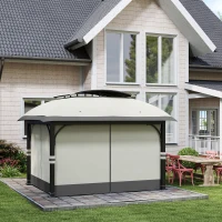 Outsunny Tuinpaviljoen, 3,3 x 4 m Partytent met Netgordijnen, Dubbeldeks Dak, Kunstleder Coating, Metalen Frame, Lichtgrijs(m-11)