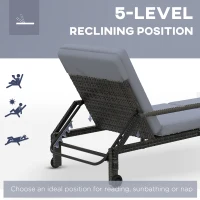 Outsunny Outdoor PE Rattan Sun Lounger, 5-Level Adjustable Backrest Wicker Outdoor Chaise Recliner, Garden Chair with 2 Wheels, Mixed Grey(m-4)